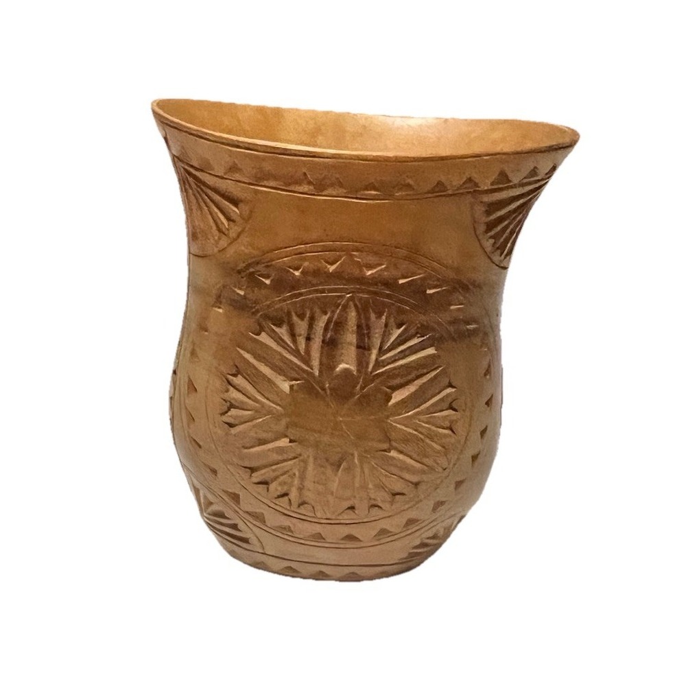 antique balkan yugoslavia vase wood engraved flowers . home decor